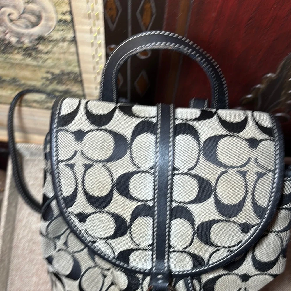 Coach Black Grey Signature Backpack 8”Lx10”Hx4.75W Silver Metal Clip GUC 2002 - Picture 10 of 17